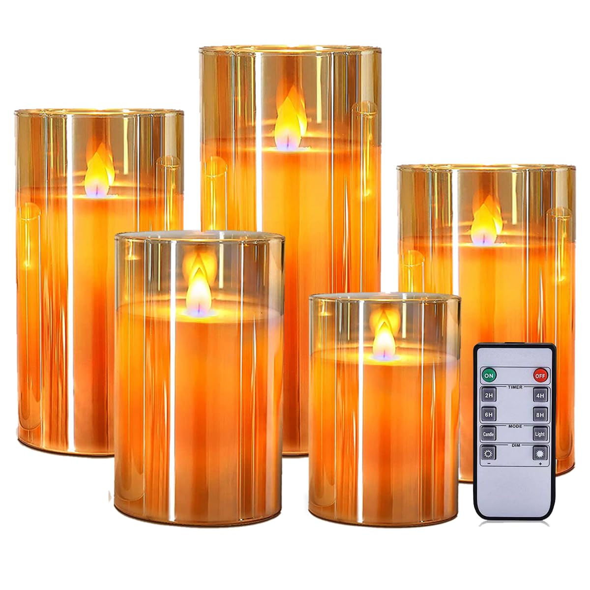 Premium LED Amber Glass Cup Pillar Candles with Real Wax with Moving Faux Wick | Battery Powered with Remote