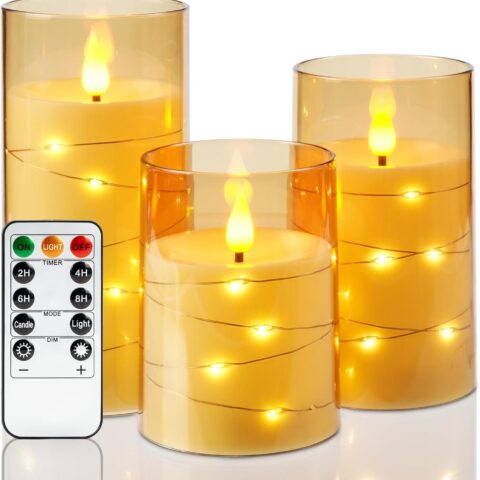 Flameless Candles 3 Set, with String Lights, Battery Powered, Remote Control & Timer, D3"xH4"5"6"