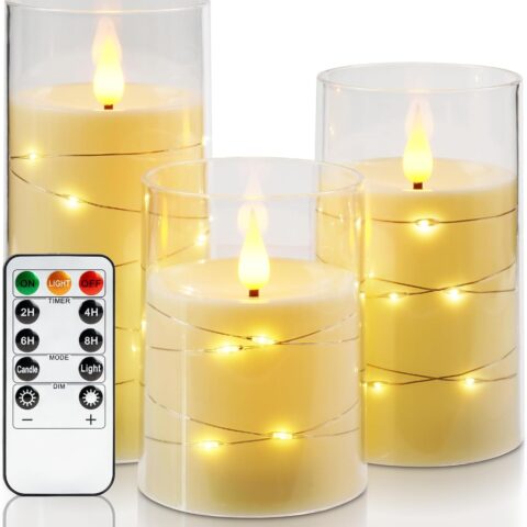 Flameless Candles 3 Set, with String Lights, Battery Powered, Remote Control & Timer, D3"xH4"5"6"
