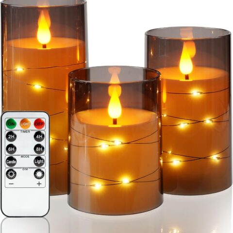 Flameless Candles 3 Set, with String Lights, Battery Powered, Remote Control & Timer, D3"xH4"5"6"