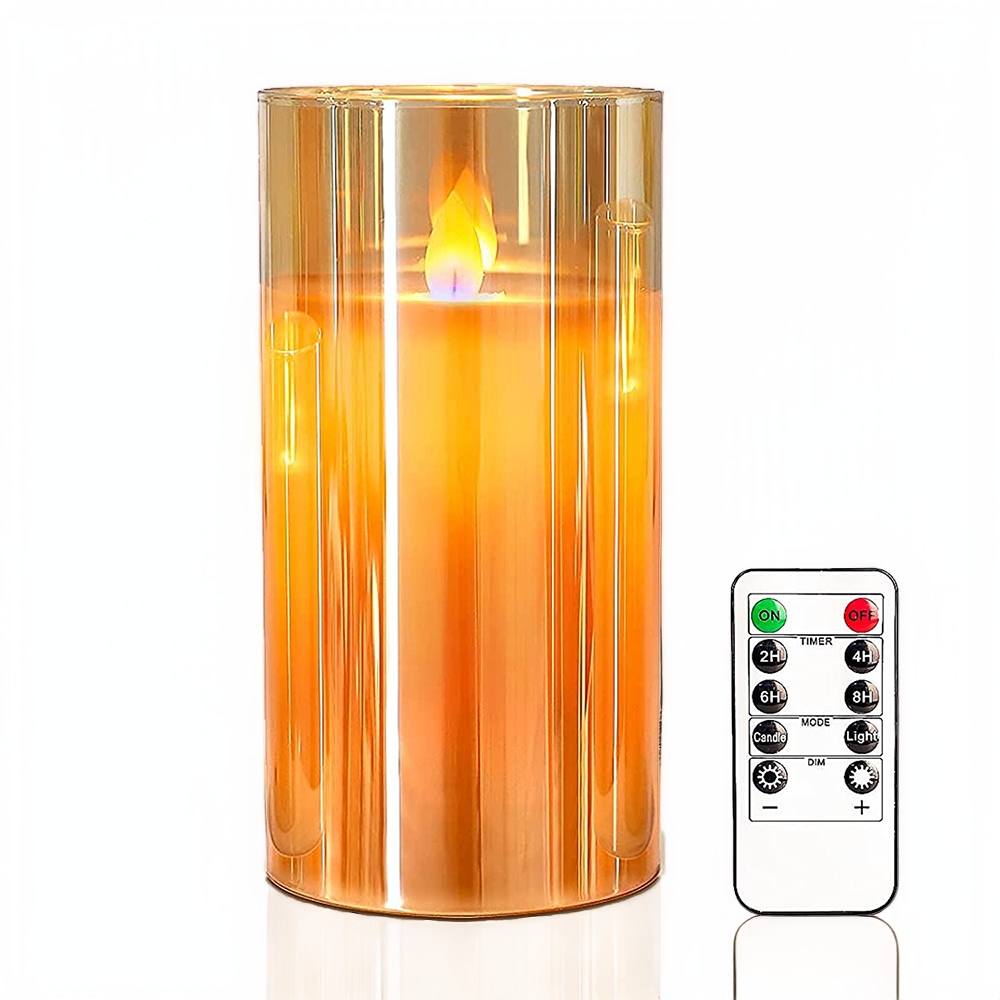 Amber LED Glass Pillar Candle with Remote, 6" x 3"
