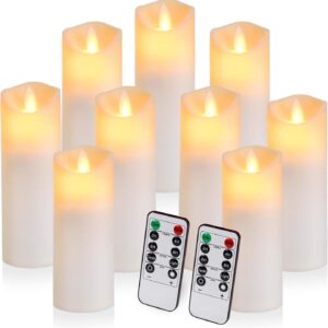 Pack of 9 LED Waterproof Flameless Pillar Candles - Ivory, Flickering Faux Wick