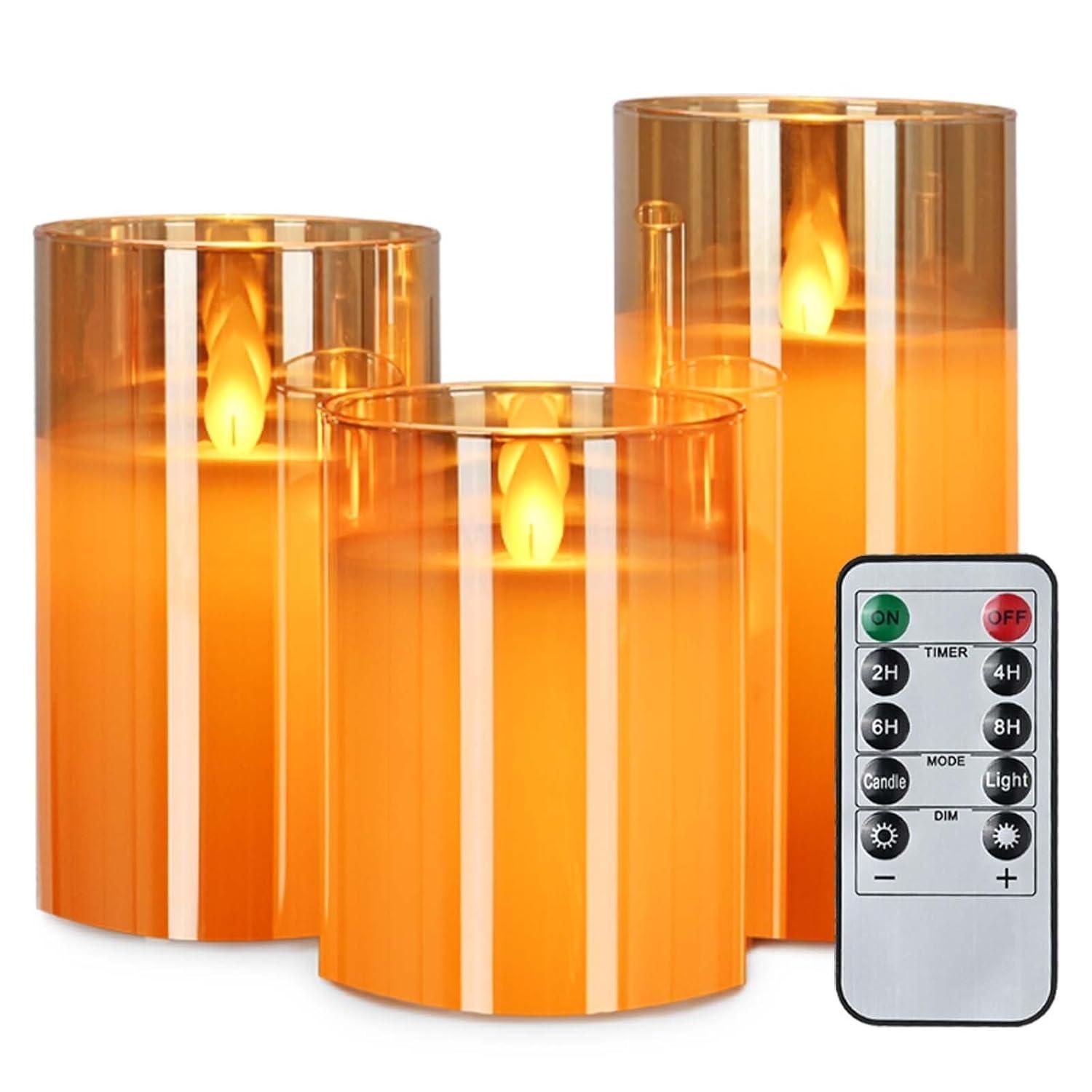 Amber Gold Glass LED Flameless Pillar Candles with Remote - Set of 3