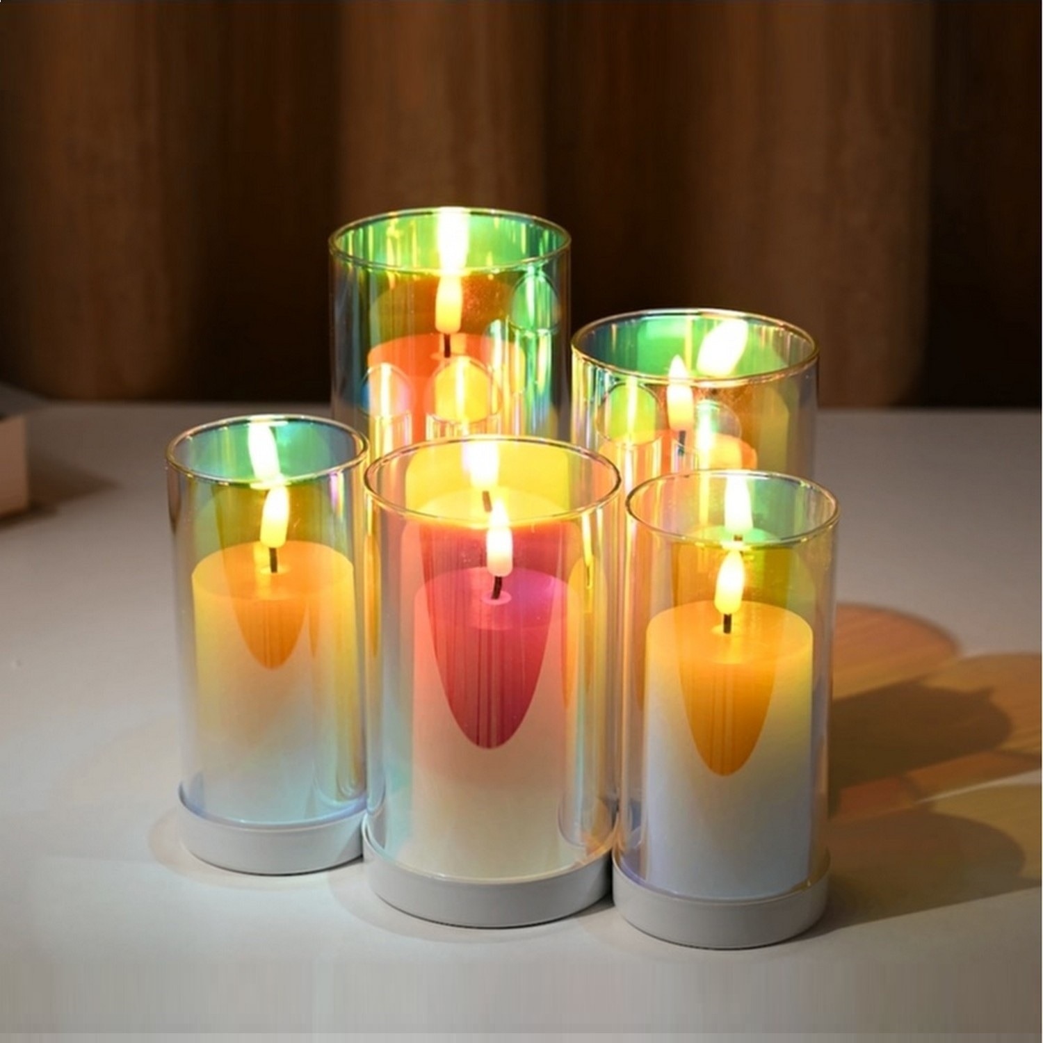 Set of 5 Ivory Iridescent Wax LED Candles for Diwali & Weddings