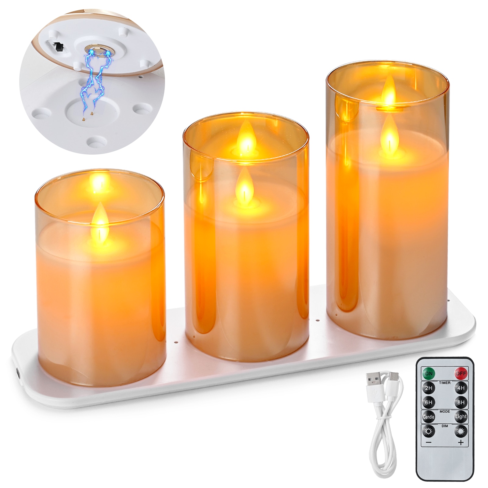Rechargeable Flameless LED Glass Candles - Set of 3 ~ Amber Gold