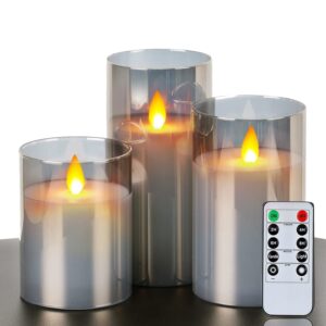 Tinted Grey Glass LED Pillar Candles with Remote Control – Set of 3