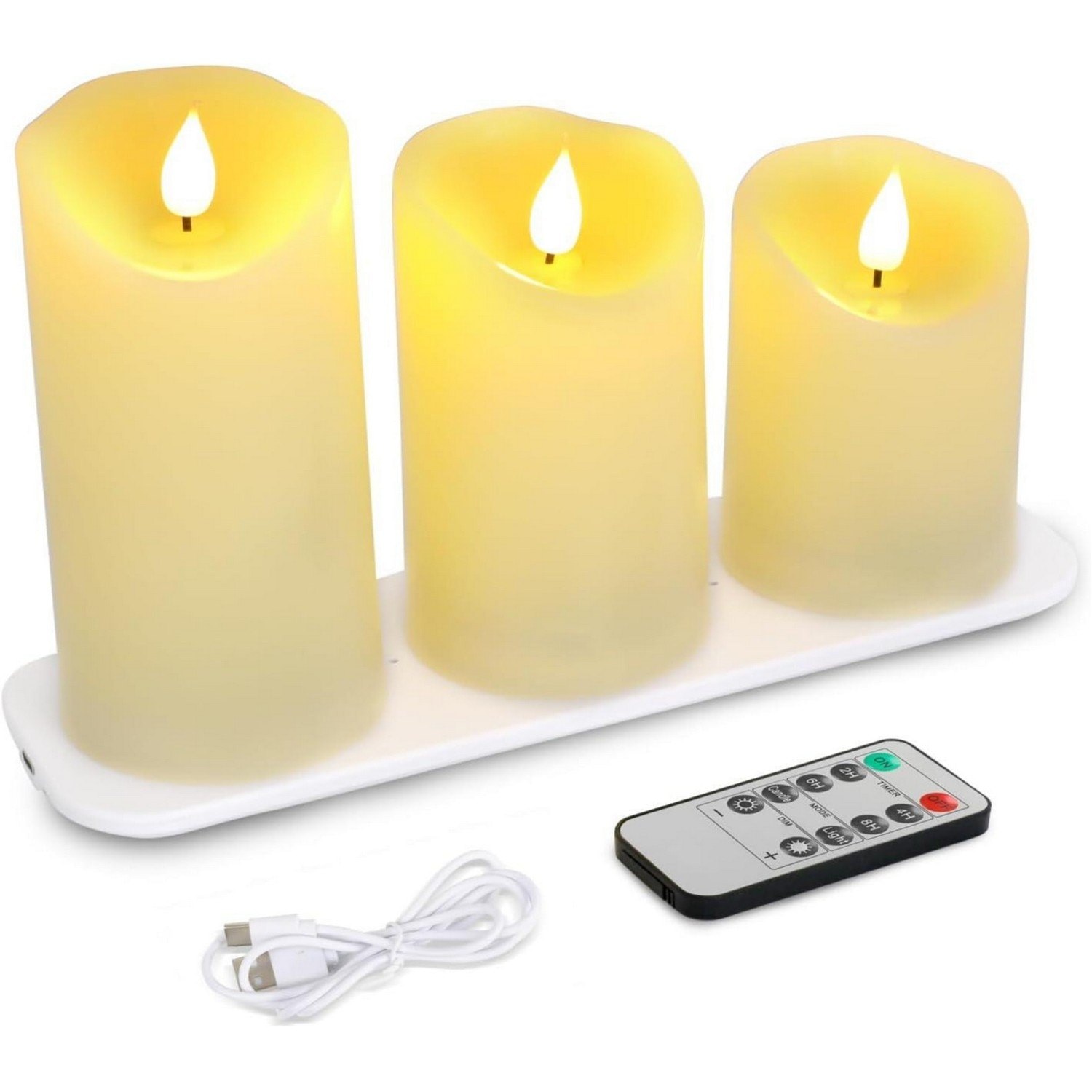 Set of 3 Ivory Flameless LED Candles Set with Charging Pad & Remote