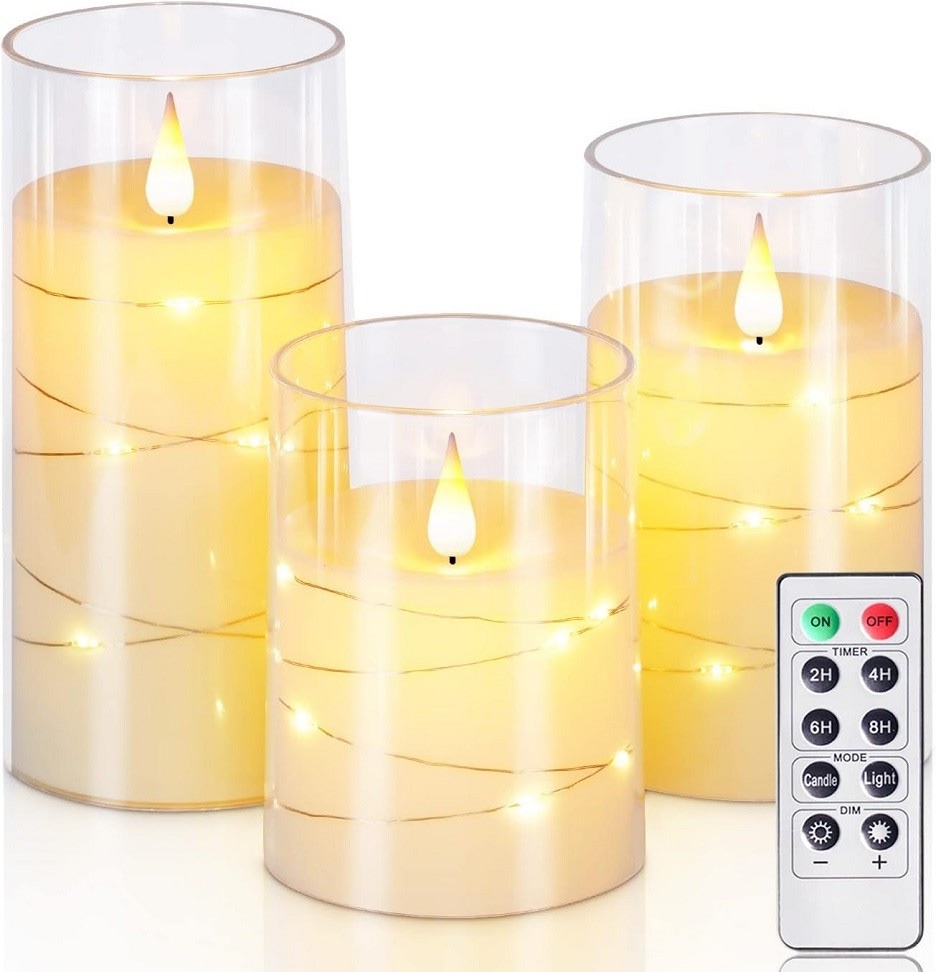 LED Acrylic Fiber Glass Flameless Candles with Remote - 3 Set (4", 5", 6")
