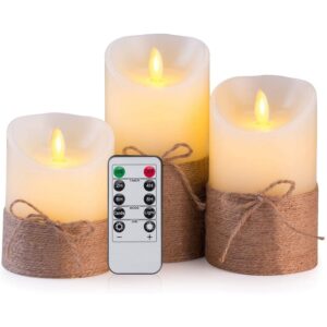 Hemp Rope LED Wax Candles with Flickering Light - 3 Piece Set