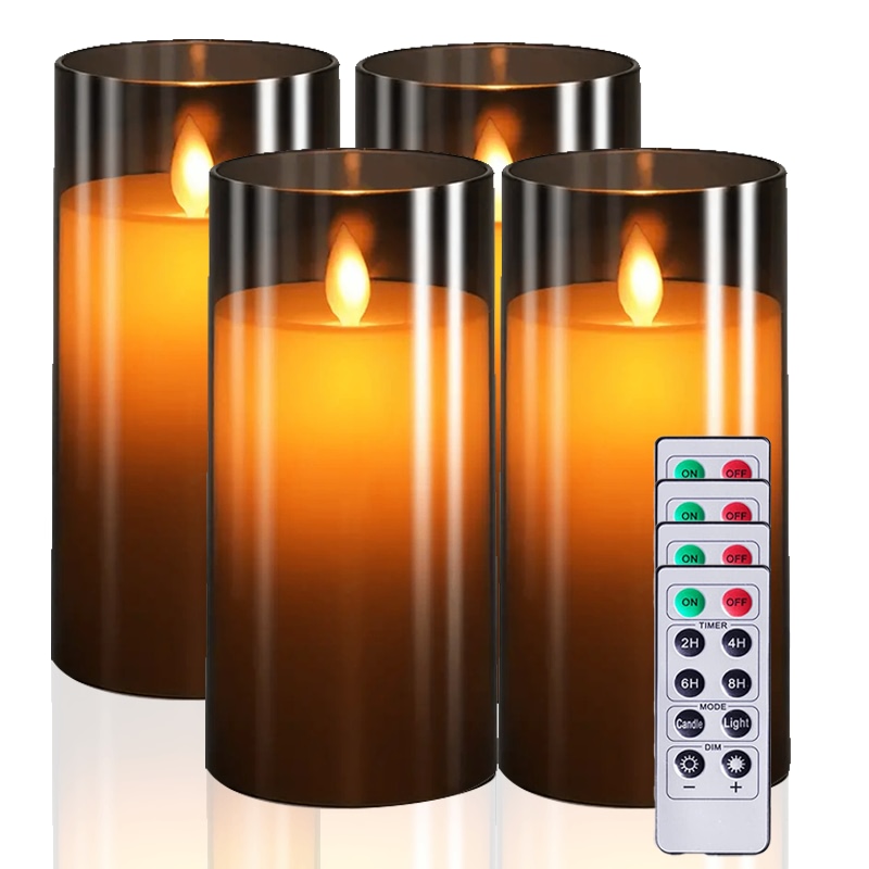 Flameless Grey Acrylic Fiber Glass LED Candle, Battery Powered 3" x 6" with Dancing Faux Wick AA Battery Powered with Remote