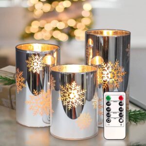 Snowflake LED Pillar Candles with Remote Control - 3 Piece Set