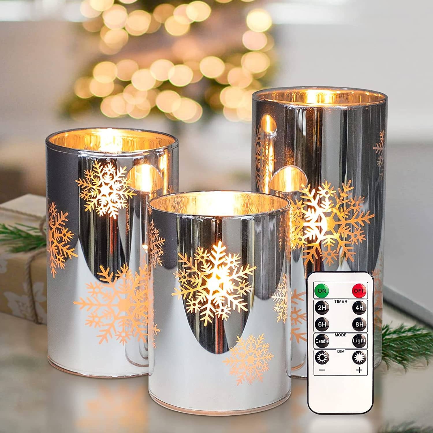 Snowflake LED Pillar Candles with Remote Control - 3 Piece Set