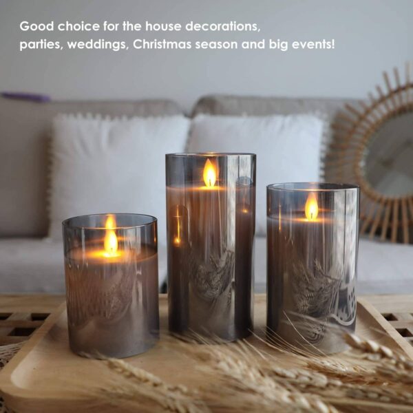 Tinted Grey Glass LED Pillar Candles with Remote Control – Set of 3