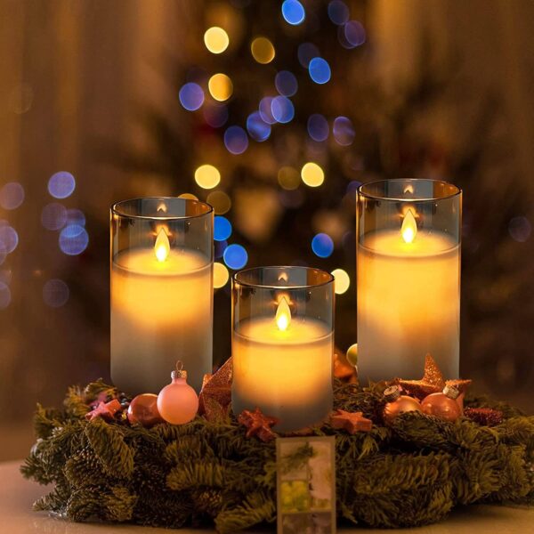 Tinted Grey Glass LED Pillar Candles with Remote Control – Set of 3