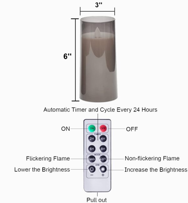 Flameless Grey Acrylic Fiber Glass LED Candle, Battery Powered 3" x 6" with Dancing Faux Wick AA Battery Powered with Remote