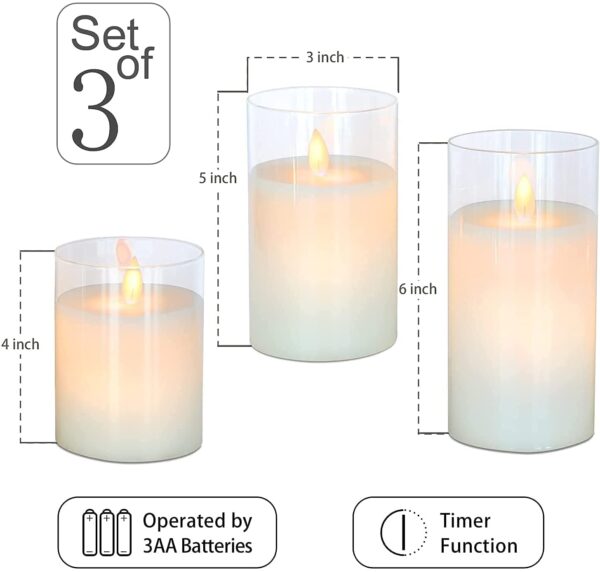 Glass LED Flameless Pillar Candles with Remote - Set of 3