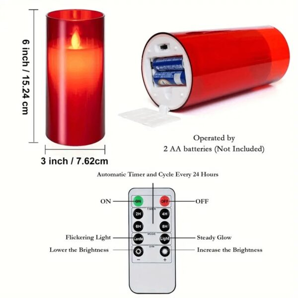 Flameless Red Acrylic Fiber Glass LED Candle Dancing Wick | AA Battery | Remote for Decor-(3" x 6")