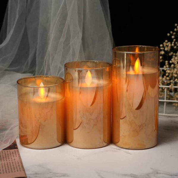 Real Wax LED Glass Pillar Flameless Candles | Faux Dancing Wick | Battery Powered with Multifunctional Remote Controller for Home Decor - Set of 3