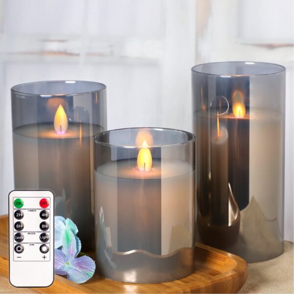 Tinted Grey Glass LED Pillar Candles with Remote Control – Set of 3