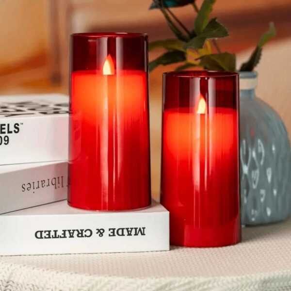 Flameless Red Acrylic Fiber Glass LED Candle Dancing Wick | AA Battery | Remote for Decor-(3" x 6")