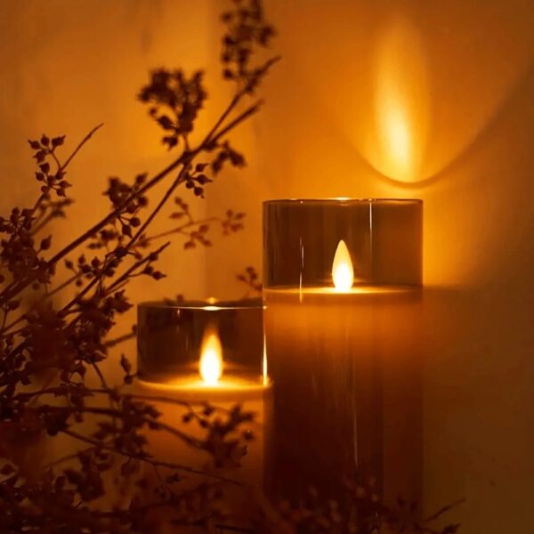 Flameless Grey Acrylic Fiber Glass LED Candle, Battery Powered 3" x 6" with Dancing Faux Wick AA Battery Powered with Remote