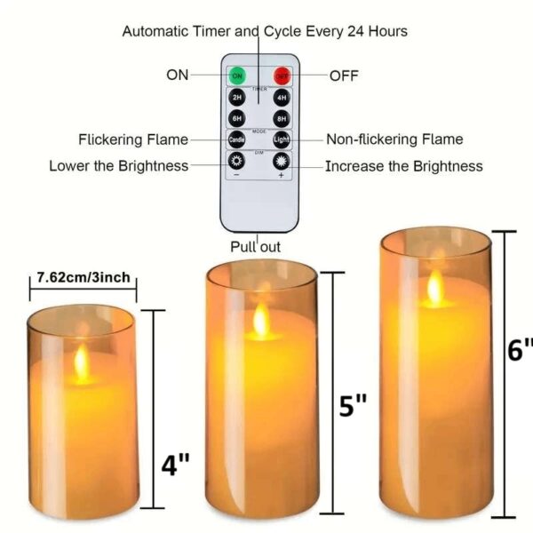 Gold Acrylic Fiber Glass with Faux Wick Flameless LED Candles with Remote & Timer - Set of 3
