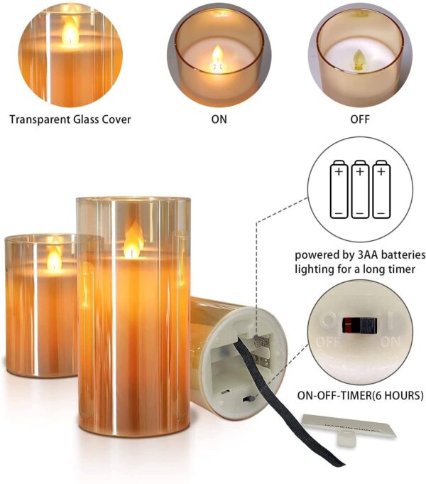 Real Wax LED Glass Pillar Flameless Candles | Faux Dancing Wick | Battery Powered with Multifunctional Remote Controller for Home Decor - Set of 3