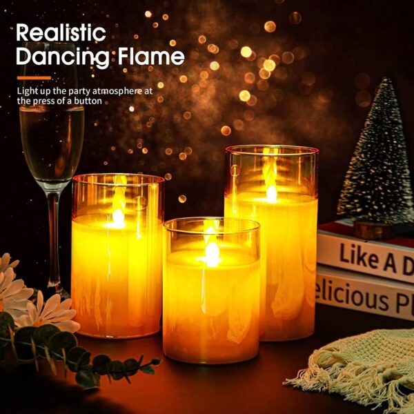Amber Gold Glass LED Flameless Pillar Candles with Remote - Set of 3