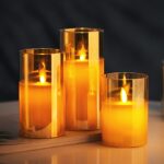 Amber Gold Glass LED Flameless Pillar Candles with Remote - Set of 3