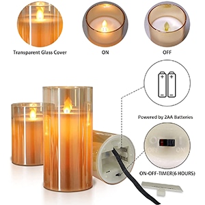 Amber LED Glass Pillar Candle with Remote, 6" x 3"