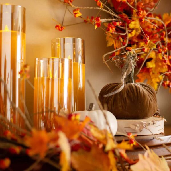 Amber Gold Glass LED Flameless Pillar Candles with Remote - Set of 3